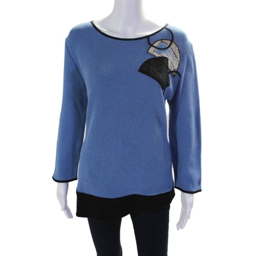 Jaskar Womens Cotton Blue Applique Scoop Neck Long Sleeve Sweater Top Size M